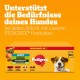 Verpackung für Pedigree-Hundefutter mit einem glücklichen Hund, mit Text, der die Unterstützung für die Bedürfnisse von Hunden und die Produktvielfalt, einschließlich Geschmacksrichtungen, hervorhebt.
