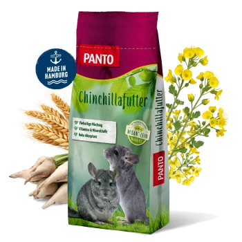 Bunte PANTO Nagerfutter-Tüte mit Bildern eines Hamsters, einer Maus und eines Chinchillas, die Vitamine, Mineralien und hohe Akzeptanz betont.