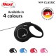 Black flexi retractable dog leash with a circular design, labeled "NEW CLASSIC," available in four colors: red, blue, black, and pink.