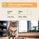 Eine getigerte Katze sitzt vor einem Futternapf, mit einer Fütterungsempfehlungstabelle darüber. Die Tabelle besagt: 'Gewicht: 3 kg–5 kg, Täglich: 200 g–400 g.'