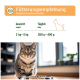 Eine getigerte Katze sitzt vor einem Futternapf, mit einer Fütterungsempfehlungstabelle darüber. Die Tabelle besagt: 'Gewicht: 3 kg–5 kg, Täglich: 200 g–400 g.'