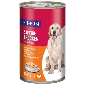 Dose Hundefutter mit dem Etikett "FIT+FUN Saftige Brocken mit Geflügel", mit einem Golden Retriever und einer Schüssel Futter, 1240g.