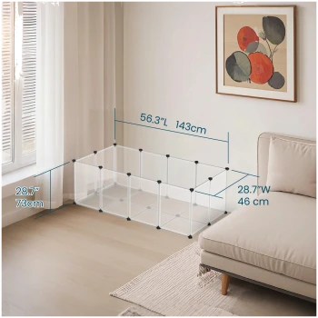 Klares Haustierspielplatz mit den Abmessungen 56,3"L x 28,7"B x 28,7"H, in einem gemütlichen Wohnzimmer mit einem beigen Sofa und Kunstwerken.