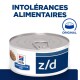 Nourriture en conserve Hill's Prescription Diet z/d pour intolérances alimentaires, avec un couvercle à languette et le texte "INTOLÉRANCES ALIMENTAIRES" au-dessus.