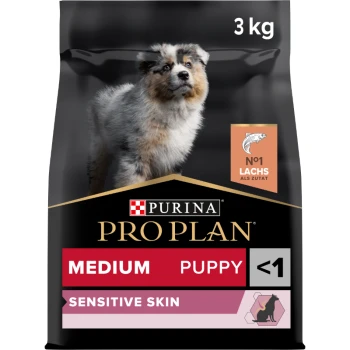 Puppy Medium Sensitive Skin Lachs 3 kg Purina Pro Plan Medium Puppy Futter, 3 kg Beutel, mit einem Welpen auf der Vorderseite, gekennzeichnet für empfindliche Haut mit einem Fischsymbol.
