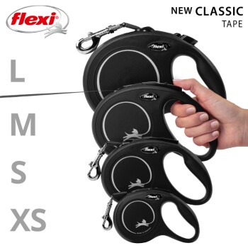 Flexi retractable dog leashes in various sizes (L, M, S, XS) displayed with a hand holding the medium-sized leash.