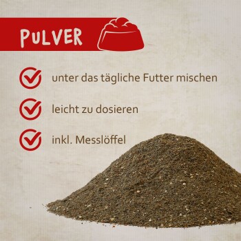 Pulver für Haustiere, mit Text: "unter das tägliche Futter mischen", "leicht zu dosieren", "inkl. Messlöffel".