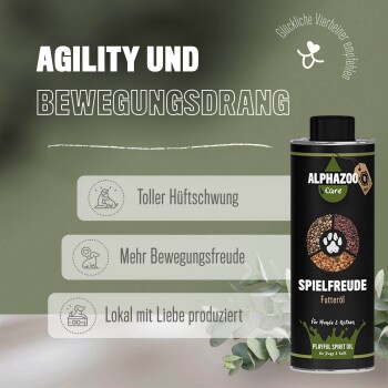 Flasche von ALPHAZOO Care Playful Spirit Öl für Hunde und Katzen, mit Text, der Vorteile wie Beweglichkeit und Freude an der Bewegung hervorhebt.