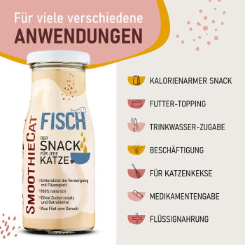 Flasche SmoothieCat Fischsnack für Katzen mit Anwendungsangaben: kalorienarmer Snack, Futtertopping, Wasserzusatz, Beschäftigung, Katzenkekse, Medikament, Flüssignahrung.