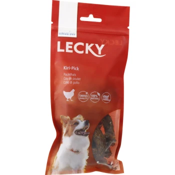 Rote Verpackung für Lecky Kiri-Pick Hundeleckerlis mit einem glücklichen Hund, mit Text, der "Poulethals," "100% Natürlich" und "Schweizer Qualität" angibt.