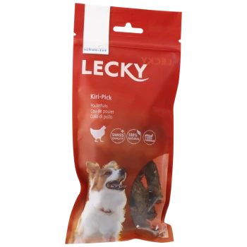 Rote Verpackung für Lecky Kiri-Pick Hundeleckerlis mit einem glücklichen Hund, mit Text, der "Poulethals," "100% Natürlich" und "Schweizer Qualität" angibt.