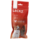 Emballage rouge pour les friandises pour chiens Lecky Kiri-Pick avec un chien heureux, avec du texte indiquant "Poulethals," "100% Naturel," et "Qualité Suisse."