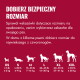 Polska tabela rozmiarów w sklepie zoologicznym: nagłówek „Dobierz bezpieczny rozmiar”, sylwetki oznaczone XS–XXL z zakresami wag (lb/kg)