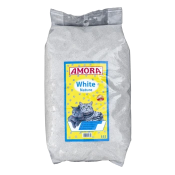 Sack AMORA White Nature Katzenstreu mit gelbem Etikett, zeigt zwei Katzen und die Schriftzüge 'AMORA', 'White Nature', '15 l'.
