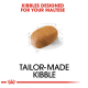 Kibble for Maltese dogs, showing a single kibble piece with "KIBBLES DESIGNED FOR YOUR MALTESE" and "TAILOR-MADE KIBBLE."