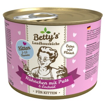 Dosenfutter für Kätzchen von Betty's Landhausküche, mit Huhn und Truthahn und Lachsöl, gekennzeichnet für Kätzchen im Alter von 2-12 Monaten.