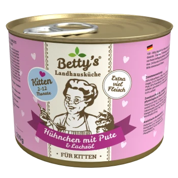 Dosenfutter für Kätzchen von Betty's Landhausküche, mit Huhn und Truthahn und Lachsöl, gekennzeichnet für Kätzchen im Alter von 2-12 Monaten.