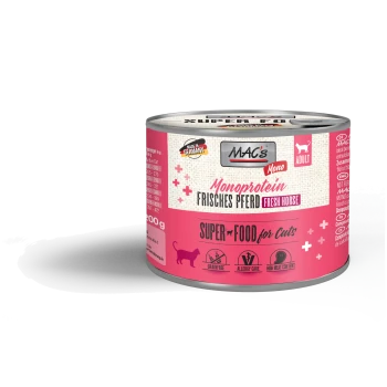 Eine pinke Dose von MAC's Mono Katzenfutter, beschriftet mit "Frisches Pferd", mit Nährwertinformationen und dem Anspruch, getreidefrei und mit hohem Fleischanteil zu sein.