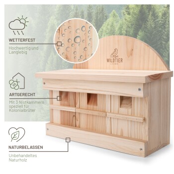 Holz-Vogelhaus mit drei Nistkammern, beschriftet mit "WILDTIER LIEBE," mit wetterfesten und umweltfreundlichen Eigenschaften.