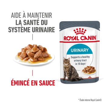 Pochette de nourriture humide pour chats Royal Canin Urinary avec une assiette de nourriture humide, mettant en avant un texte sur le soutien de la santé urinaire en 10 jours.