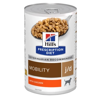 Dose Hill's Prescription Diet Hundefutter, Mobility j/d mit Huhn; Kennzeichnung 'von Tierärzten empfohlen' und ein Löffel voller Nassfutter.