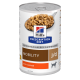 Dose Hill's Prescription Diet Hundefutter, Mobility j/d mit Huhn; Kennzeichnung 'von Tierärzten empfohlen' und ein Löffel voller Nassfutter.
