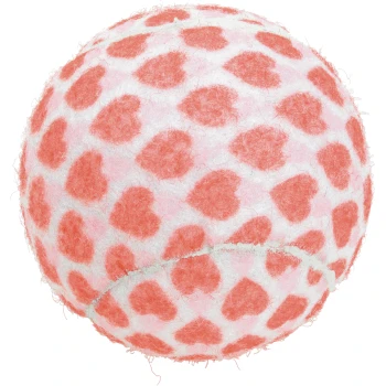 Weißer Tennisball mit pinken Herzmustern, entworfen als Haustierspielzeug.
