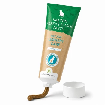 Wolfsbacher Natur Katzenpaste für Nieren- und Harnwegspflege – 'Katzen Nieren & Blasen Paste', 'Natural Urinary Care', 'Mit Kürbis'.