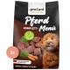 Hundefutterverpackung mit einem braunen, flauschigen Hund, der sich die Lippen leckt, beschriftet "proCani Pferd Komplett-Menü" mit frischen Fleischwürfeln und Gemüse.