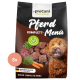 Hundefutterverpackung mit einem braunen, flauschigen Hund, der sich die Lippen leckt, beschriftet "proCani Pferd Komplett-Menü" mit frischen Fleischwürfeln und Gemüse.