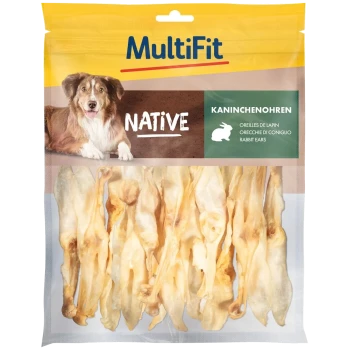 MultiFit Native Hundesnack-Packung mit Kaninchenohren-Kauknochen, Hundeabbildung und Text 'Kaninchenohren'/'Rabbit ears'.