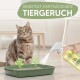 Eine getigerte Katze sitzt neben einer grünen Katzentoilette, während eine Hand eine gelbe 'Geruchs-Entferner'-Flasche sprüht, um Gerüche zu beseitigen.