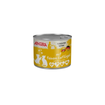 Dose AMORA Nassfutter für Kätzchen, gelbes Etikett mit weißen Katzensilhouetten und Herzen, Aufschrift 'mit feinem Geflügel / with fine poultry'.