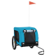 Ein blauer Haustieranhänger mit einem Netz vorne, zwei Rädern und einer Sicherheitsflagge oben, entworfen für den Transport von Haustieren.