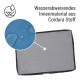 Nahaufnahme von Wassertropfen auf einem wasserabweisenden Cordura-Hundebett. Text: "Wasserabweisendes Innenmaterial aus Cordura Stoff."