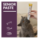 Graue Katze leckt an einer von der Hand gehaltenen Tube GimCat Senior Paste (ab 7 Jahren); violettes Feld mit großem Text 'SENIOR PASTE'