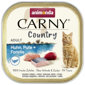 Animonda CARNY Country Adult Katzenfutter-Schale mit orangebraunem Streifenkatze und Stücken von Huhn, Pute und Forelle; Aufschrift 'Huhn, Pute + Forelle'