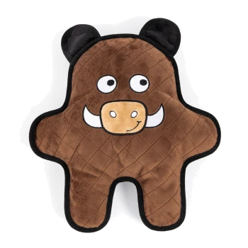 Ein niedliches, plüschiges Haustierspielzeug in Form eines cartoonhaften braunen Wildschweins mit einem lächelnden Gesicht, großen Augen und weißen Stoßzähnen, mit einer gesteppten Textur.