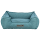 Teal Haustierbett mit erhöhten Seiten und weichem Innenraum, mit einem Metallschild, das "homeEdition" liest.