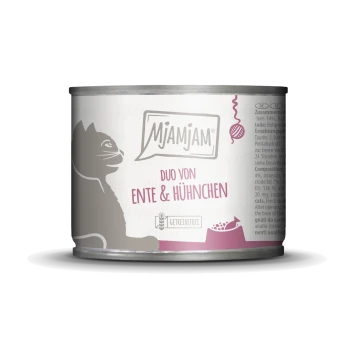 Dose Katzenfutter mit einer Silhouette einer Katze, beschriftet mit 'Mjamjam Duo von Ente & Hühnchen', getreidefrei mit Nährwertangaben.