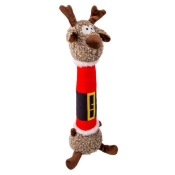 Plush dog toy shaped like a reindeer with a red and black Santa belt body, curly brown fur, and antlers.