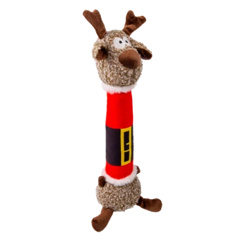Plush dog toy shaped like a reindeer with a red and black Santa belt body, curly brown fur, and antlers.