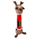 Plush dog toy shaped like a reindeer with a red and black Santa belt body, curly brown fur, and antlers.