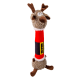 Plush dog toy shaped like a reindeer with a red and black Santa belt body, curly brown fur, and antlers.