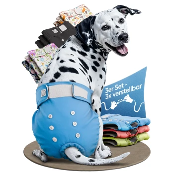 Bunte Haustierwindeln in Blau, Rot und Grün, mit der Aufschrift "3er SET" und "DEUTSCHE MARKE."