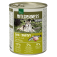Dosenfutter "Wilderness Senior" mit einem Wolf auf dem Etikett; 95% Huhn und Lachs, 5% Früchte und Kräuter, keine zusätzlichen Getreide.