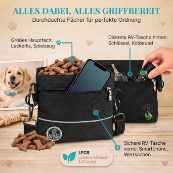 Schwarze Hundetasche mit verstellbaren Riemen, abnehmbarer Innenauskleidung, integriertem Abfallbeutelspender und zusätzlichem Karabiner für Zubehör.