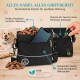 Schwarze Hundetasche mit verstellbaren Riemen, abnehmbarer Innenauskleidung, integriertem Abfallbeutelspender und zusätzlichem Karabiner für Zubehör.