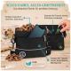 Schwarze Hundetasche mit verstellbaren Riemen, abnehmbarer Innenauskleidung, integriertem Abfallbeutelspender und zusätzlichem Karabiner für Zubehör.