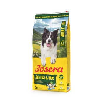 Gelber Josera-Hundefuttersack mit Border Collie; Aufschrift 'Sea Fish & Rice', 'Adult', 'All sizes', 'Salmon Oil'.